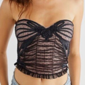 Free People ‘Bluebelle’ Bustier Top Black Ruched Dotted Tulle Ribbonwork M